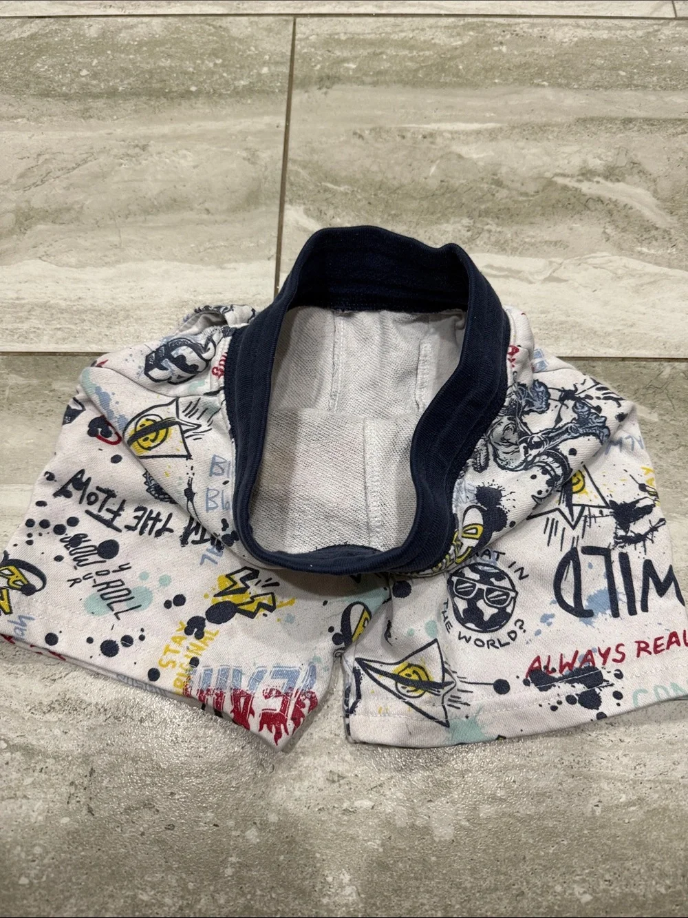 Graphic Drawstring Boys Shorts in White with Navy Waistband